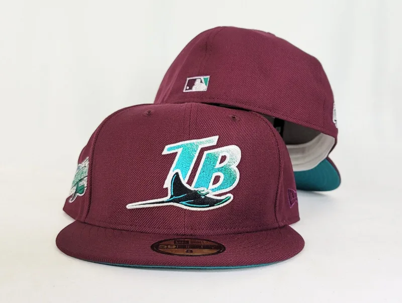 New Era Tampa Bay Rays fitted hat maroon, teal colorway - 1998 Inaugural Season Fitted: New Era Drops Maroon Tampa Bay Rays Teal Bottom Tribute