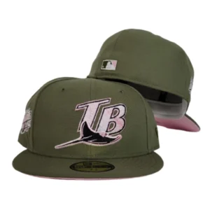 New Era Tampa Bay Rays fitted hat green, pink, olive colorway - 1998 Inaugural Season Fitted: New Era’s Olive Green Rays Throwback Celebrates Devil Rays History