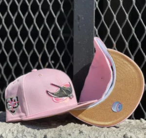 New Era Tampa Bay Rays fitted hat pink, gold colorway - 20th Anniversary Fitted: New Era Honors Tampa Bay Rays Milestone with Pink and Gold 59FIFTY