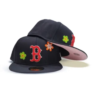 New Era Boston Red Sox fitted hat navy, red, blue, pink colorway - Red Sox Fitted Gets Floral Treatment with Pink Bottom Side Patch