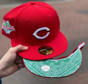 New Era Cincinnati Reds fitted hat red, green colorway - 1990 World Series Fitted: New Era Drops Red Reds Championship Tribute with Green Paisley Twist