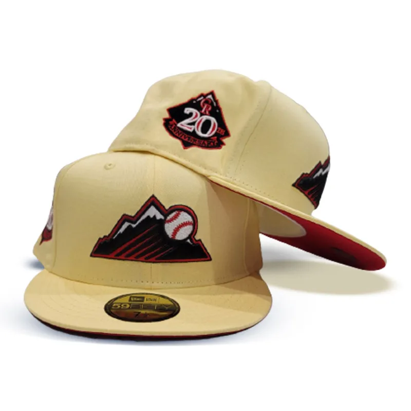New Era Colorado Rockies fitted hat red, yellow colorway - 20th Anniversary Fitted: New Era Celebrates Colorado Rockies Milestone with Soft Yellow 59FIFTY