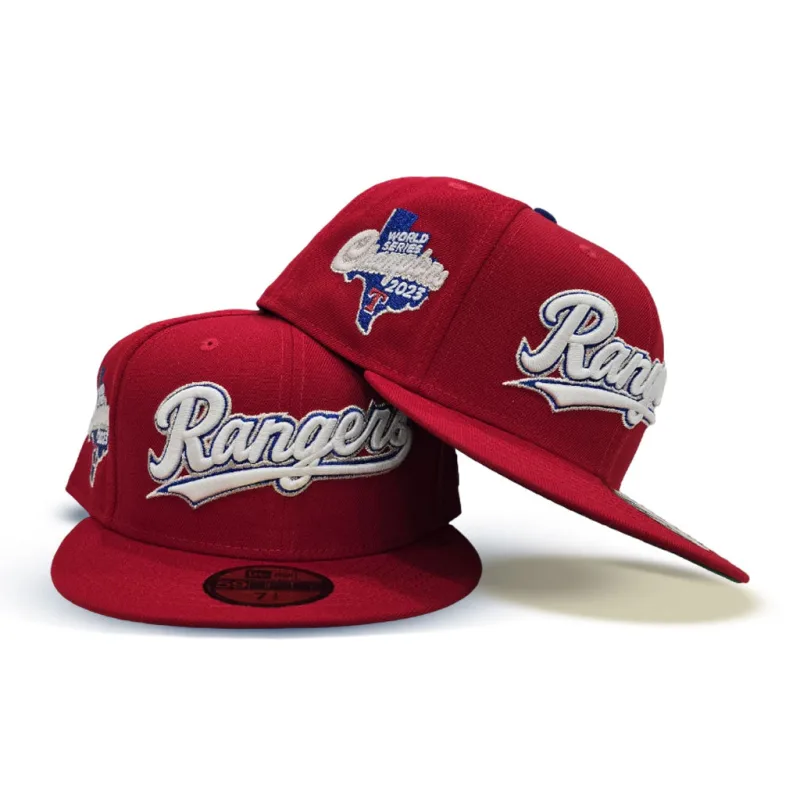 New Era New York Rangers fitted hat gray, red, green colorway - 2023 World Series Champions Fitted: New Era’s Glow-In-The-Dark Rangers Script Tribute
