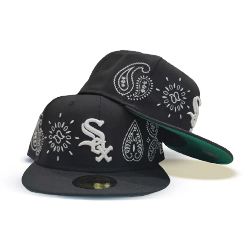 New Era Chicago White Sox fitted hat black, white, green colorway - New Era Drops Clean White Sox Fitted with Paisley Elements Design