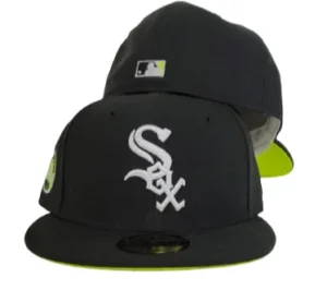 New Era Chicago White Sox fitted hat black, white, green colorway - White Sox Drop Fire Black Fitted with Neon Green Bottom for 50th Anniversary