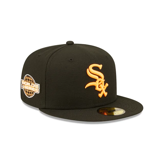 New Era Chicago White Sox fitted hat black, white, orange colorway - 2005 World Series Fitted: New Era’s Black White Sox Championship Tribute with Neon Orange Snakeskin
