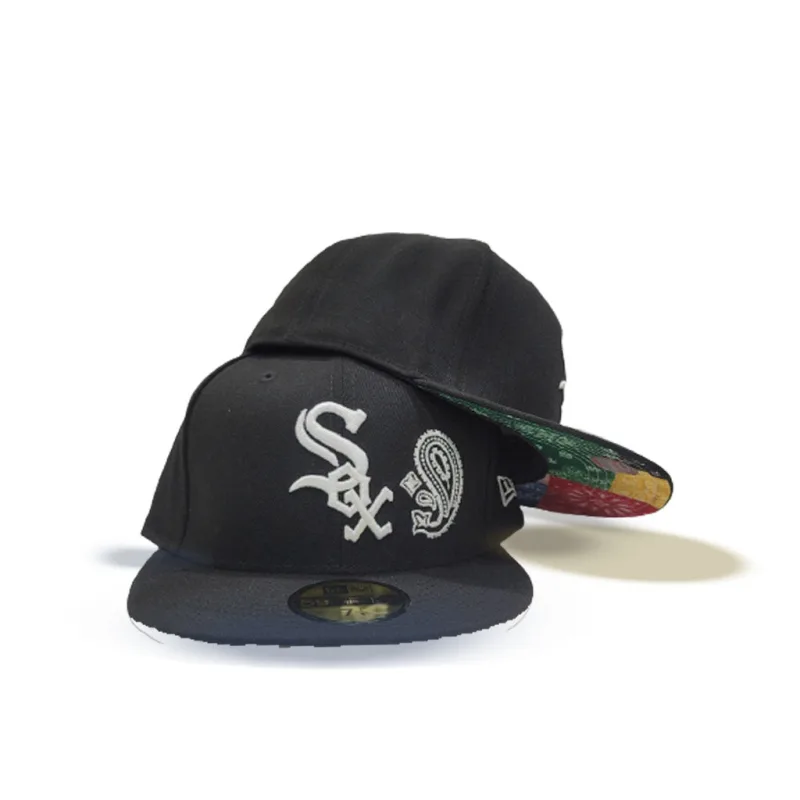 New Era Chicago White Sox fitted hat black, white colorway - Clean White Sox Fitted Drops with Unique Patchwork Bottom Detail