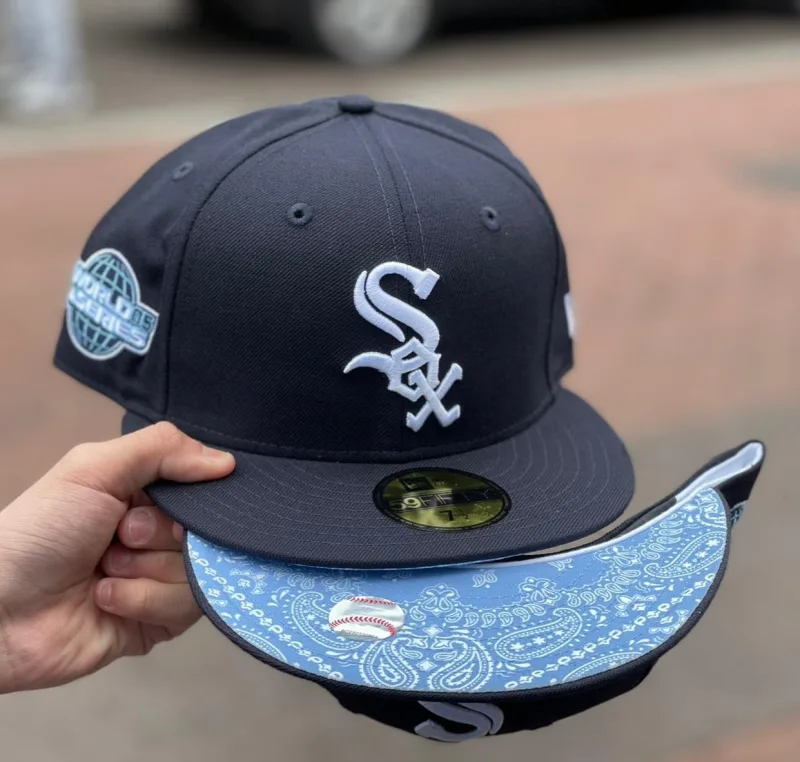 New Era Chicago White Sox fitted hat navy, white, blue colorway - 2005 World Series Fitted: New Era Celebrates White Sox Championship with Sky Paisley Design