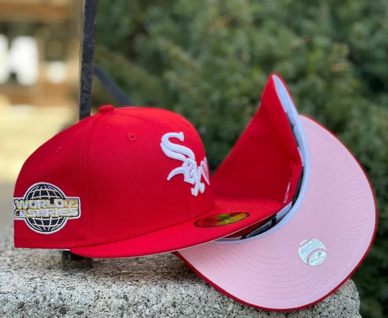 New Era Chicago White Sox fitted hat white, red, pink colorway - 2005 World Series Fitted: New Era’s White Sox Championship Hat with Heart Pink Accents