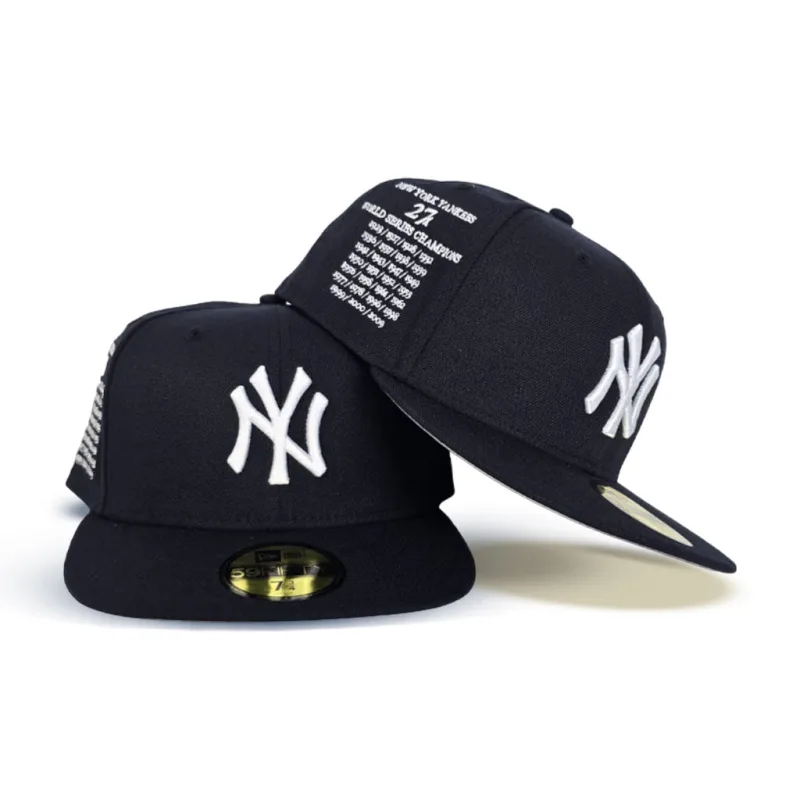 New Era New York Yankees fitted hat navy, gray, blue colorway - Yankees Fitted Gets Championship Treatment with 27X World Series Side Patch