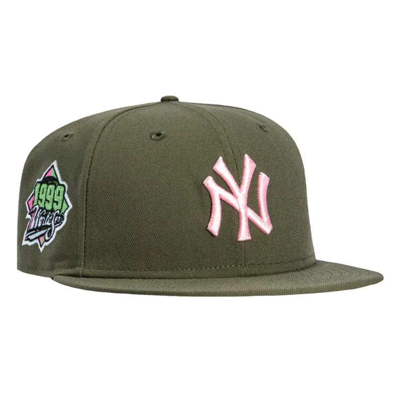 New Era New York Yankees fitted hat Olive, Pink colorway - New Era Yankees Fitted Gets Pink UV Treatment with 1999 World Series Patch