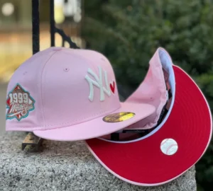 New Era New York Yankees fitted hat red, pink colorway - 1999 World Series Fitted: New Era Drops Pink Yankees Championship Tribute with Heart Detail