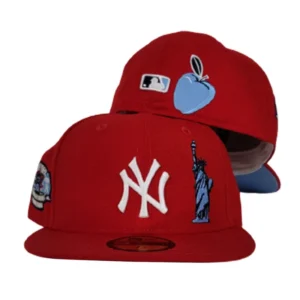 New Era New York Yankees fitted hat red, blue colorway - Yankees Drop Fire Red Fitted with Icy Blue Bottom and Subway Series Patch