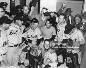 Detroit Tigers celebrating their 1945 World Series championship victory over Chicago Cubs