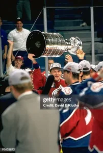 Colorado Avalanche celebrating 1996 Stanley Cup championship victory with trophy presentation
