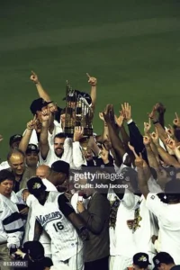 Florida Marlins celebrating 1997 World Series championship victory over Cleveland Indians
