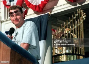 Yankees players celebrating their 1999 World Series championship sweep over the Atlanta Braves