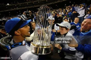 Kansas City Royals celebrating their 2015 World Series championship victory at Kauffman Stadium