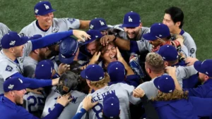 2025 World Series Game 7 celebration with Los Angeles Dodgers players on field
