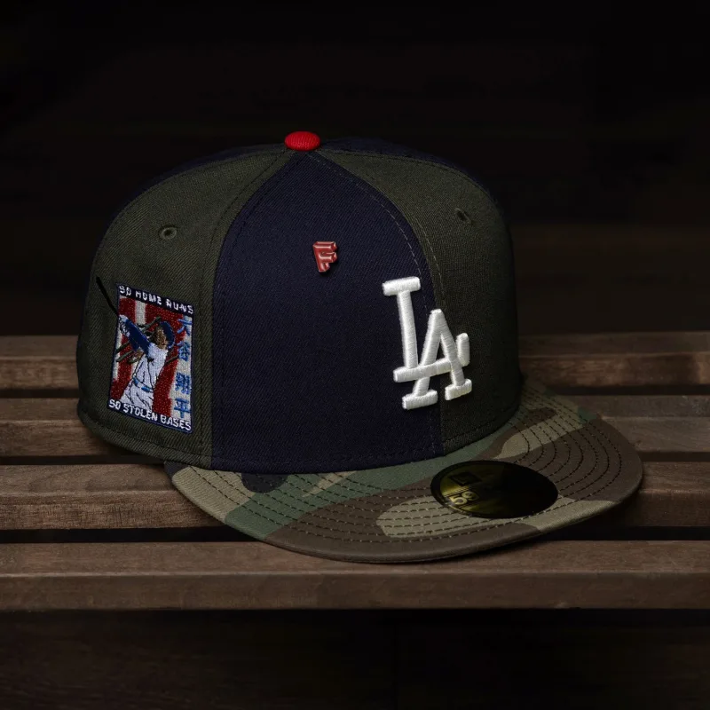 New Era Los Angeles Dodgers fitted hat navy, grey, olive colorway - Dodgers Drop Fresh Navy Olive Fitted with Pinwheel Grey UV