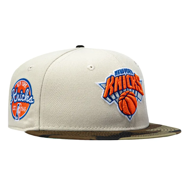 New Era New York Knicks fitted hat Stone, Camo colorway - New Era Drops Stone Camo Knicks Fitted with Vintage 1946 Patch