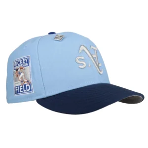 New Era Oakland Athletics fitted hat navy, grey, blue colorway - New Era Drops Rickey Henderson Tribute Fitted in Metallic Sky Blue