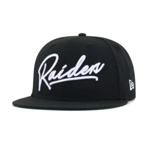 New Era Las Vegas Raiders fitted hat black, green colorway - Raiders Drop Clean Black and Green Script Fitted at Hat Heaven