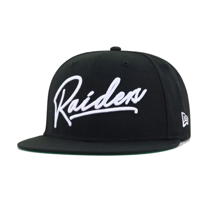 New Era Las Vegas Raiders fitted hat black, green colorway - Raiders Drop Clean Black and Green Script Fitted at Hat Heaven