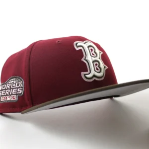 New Era Boston Red Sox fitted hat Cardinal Red Walnut Gray Under Brim colorway - 2004 World Series Fitted: New Era Drops Red Sox Championship Cardinal Red