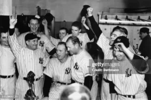 New York Yankees celebrating their 1938 World Series sweep victory over the Chicago Cubs