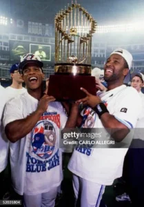 Joe Carter celebrating his walk-off home run in Game 6 of the 1993 World Series at SkyDome