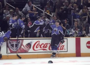 1997 NHL All-Star Game action at San Jose Arena with Owen Nolan celebrating