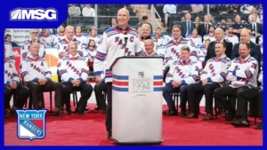 New York Rangers 100th Anniversary celebration at Madison Square Garden with team logo and centennial branding