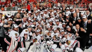 Chicago Blackhawks celebrating Stanley Cup championship with trophy presentation