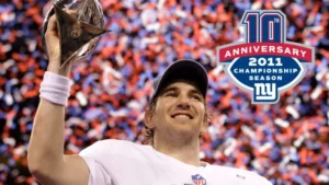 New York Giants 60th anniversary celebration with championship trophies and team history display