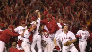 Los Angeles Angels 2002 World Series championship celebration with players holding trophy