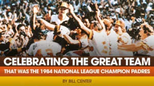 Petco Park baseball stadium exterior view showing 20th anniversary celebration banners