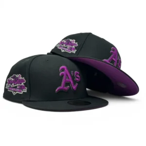 New Era Oakland Athletics fitted hat black, purple colorway - 1989 World Series Fitted: New Era’s Purple Brim A’s Championship Tribute