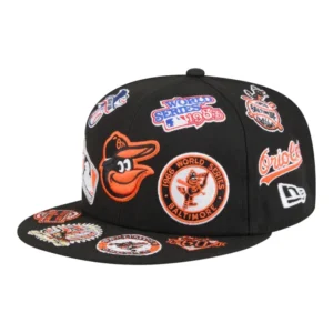 New Era Baltimore Orioles fitted hat black, gray colorway - Baltimore Orioles All Over Logo Fitted Brings Bold Black and Gray Vibes