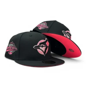 New Era Toronto Blue Jays fitted hat black, blue, pink colorway - 1993 World Series Fitted: New Era’s Pink Brim Blue Jays Championship Tribute