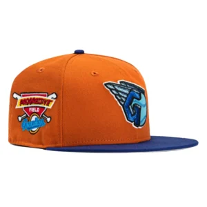 New Era Cleveland Guardians fitted hat Burnt Orange, Royal colorway - New Era Drops Fire Cleveland Guardians Fitted with Progressive Field Script
