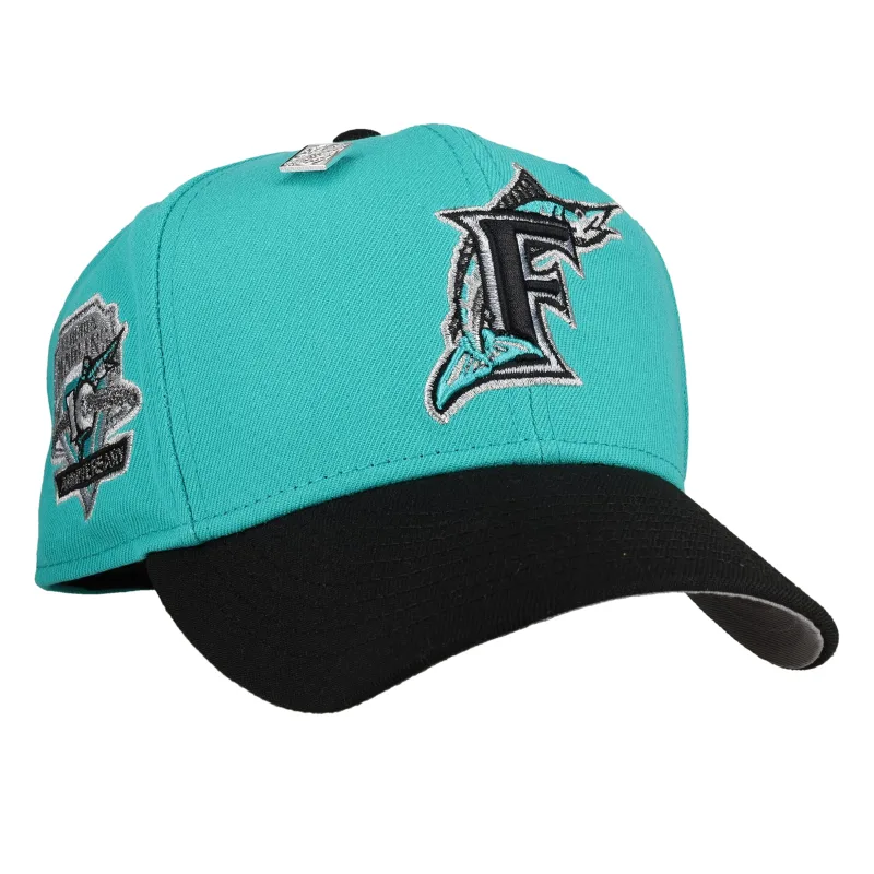 New Era Miami Marlins fitted hat grey, blue, teal, silver colorway - Double Champions Fitted: New Era’s Marlins 10th Anniversary Teal Silver Metallic Celebrates Historic Decade