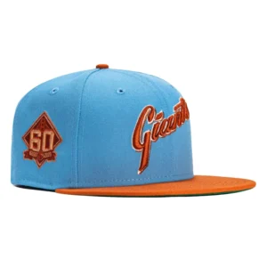 New Era New York Giants fitted hat Light Blue, Burnt Orange, Metallic Copper colorway - Giants Legacy Fitted: New Era’s 60th Anniversary Script Celebrates Decades of Championship Glory