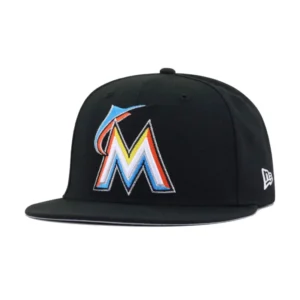 New Era Miami Marlins fitted hat black, blue, orange, yellow, silver colorway - New Era Drops Miami Marlins Black 2012 Fitted with Vibrant Colorway