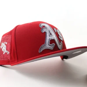 New Era Oakland Athletics fitted hat Scarlet Red Gray Under Brim colorway - Oakland Athletics Rickey Henderson Fitted Drops in Bold Scarlet Red