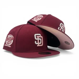 New Era San Diego Padres fitted hat pink, burgundy colorway - Petco Park Anniversary Fitted: New Era’s Pink Brim Padres 25th Anniversary Drop