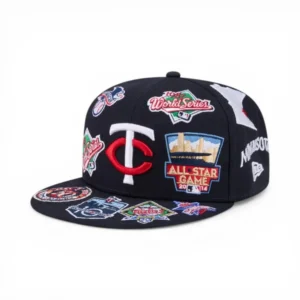 New Era Minnesota Twins fitted hat navy, gray, blue colorway - Minnesota Twins All-Over Logo Fitted Brings Bold Pattern Play