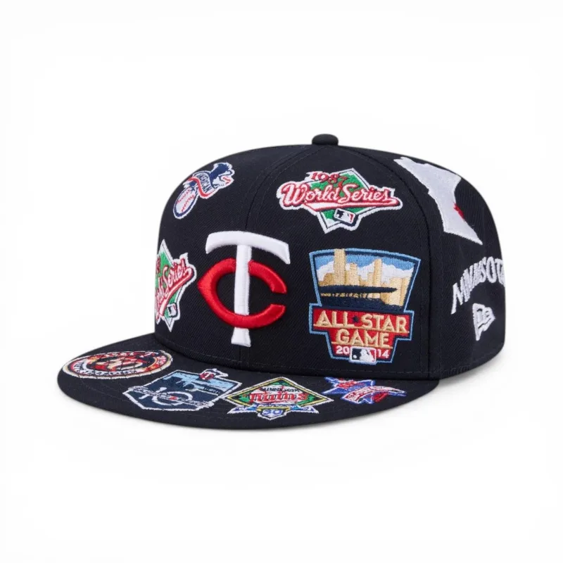 New Era Minnesota Twins fitted hat navy, gray, blue colorway - Minnesota Twins All-Over Logo Fitted Brings Bold Pattern Play