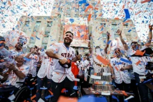 Houston Astros 45th anniversary celebration with commemorative patches and team history display