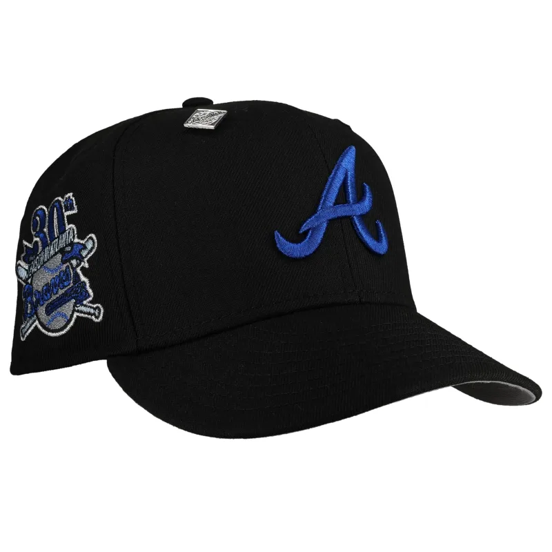 New Era Atlanta Braves fitted hat black, grey, royal colorway - Braves 30th Anniversary Fitted: New Era’s Royal Blackout Tribute to Atlanta Baseball History